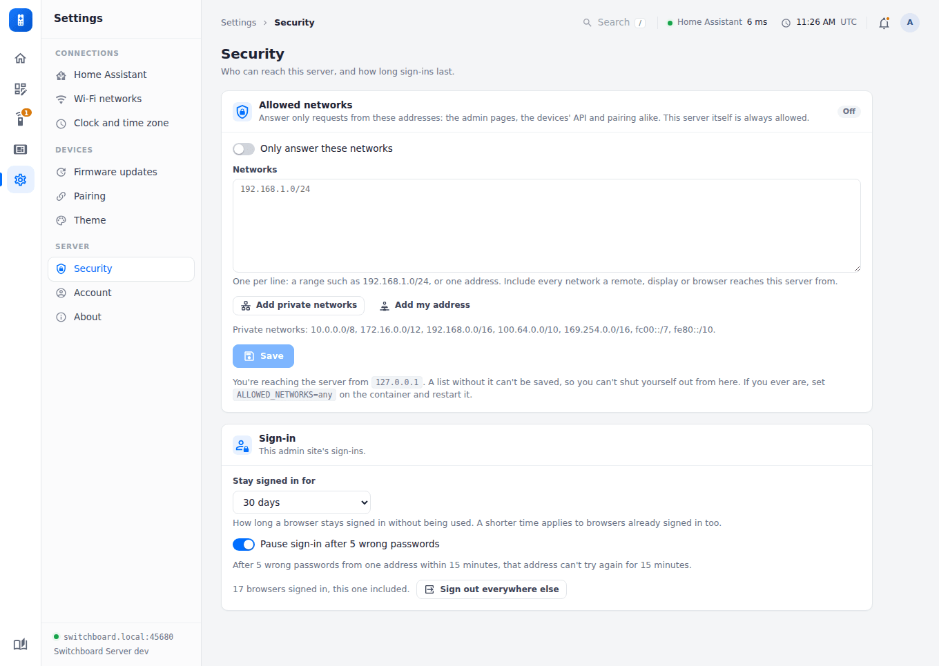 Settings, Security