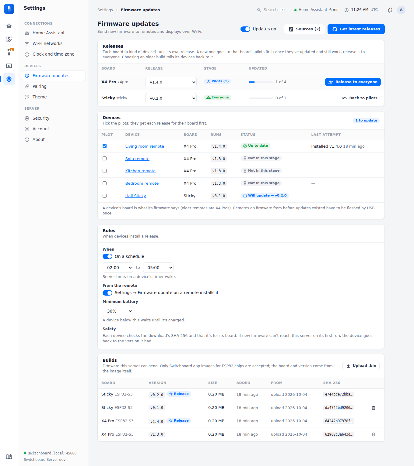 Settings, Updates