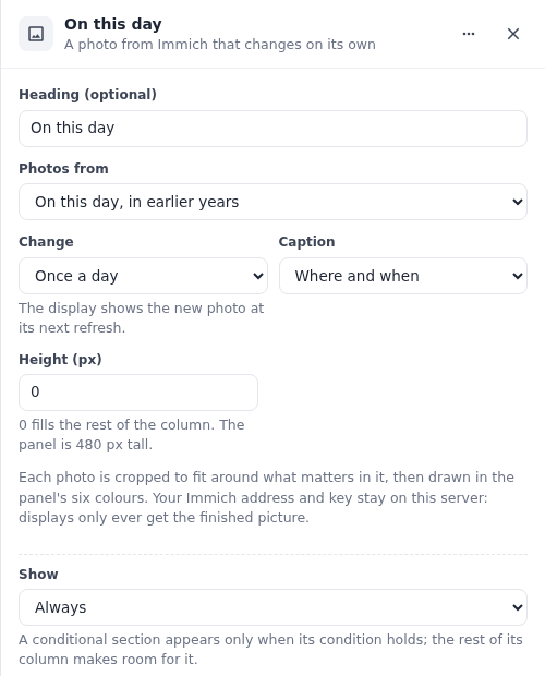 A photo section's settings